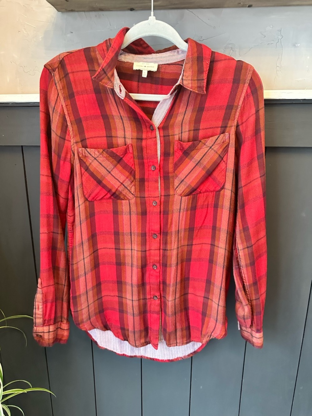 Lucky Brand Red Black Plaid Super Soft Button-Down Shirt size S